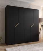 Armoire / 4 portes / Couleur : Noir / 2 compartiments / 2 tringles à vêtements / Poignées : Or / Fonction Soft-Close / Dimensions : 200 x 52 x 202 cm / Chants ABS