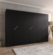 Armoire à portes battantes / Couleur : Noir / 6 portes / 3 tringles à vêtements / Bords ABS / Poignées : Cachemire / Dimensions : 300 x 52 x 202 cm / Fonction Soft-Close / 3 compartiments