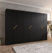 Armoire à portes battantes / Couleur : Noir / 6 portes / 3 tringles à vêtements / Chants ABS / Poignées : Or / Dimensions : 300 x 52 x 202 cm / Fonction Soft-Close / 3 compartiments
