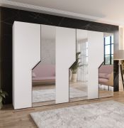Armoire à portes battantes / 3 portes à miroir / Couleur : Blanc / 3 compartiments / 3 tringles à vêtements / Fonction Soft-Close / Poignées : Noir / Dimensions : 300 x 52 x 202 cm / Penderie / Chants ABS