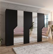 Armoire à portes battantes / 3 portes à miroir / Couleur : Noir / 3 compartiments / 3 tringles à vêtements / Fonction Soft-Close / Poignées : Noir / Dimensions : 300 x 52 x 202 cm / Penderie / Chants ABS