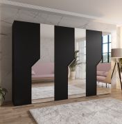 Armoire à portes battantes / 3 portes à miroir / Couleur : Noir / 3 compartiments / 3 tringles à vêtements / Fonction Soft-Close / Poignées : Cachemire / Dimensions : 300 x 52 x 202 cm / Penderie / Chants ABS