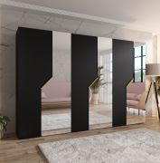 Armoire à portes battantes / 3 portes à miroir / Couleur : Noir / 3 compartiments / 3 tringles à vêtements / Fonction Soft-Close / Poignées : Or / Dimensions : 300 x 52 x 202 cm / Penderie / Chants ABS