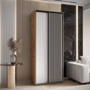Armoire à portes coulissantes Mina de 1 mètre de large, en blanc/chêne, avec brosses anti-poussière, poignées métalliques noires, façade en panneau stratifié, robuste