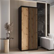 Armoire Mina en noir/chêne, 235,2 x 100 x 60 cm, grand espace de rangement, poignées métalliques noires, système coulissant, style moderne, brosses anti-poussière