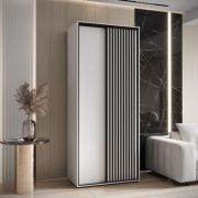 Armoire Mina 1,1 m blanc | Portes coulissantes | Grand rangement | Aspect lamelles noires | Robuste