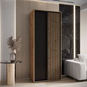 Armoire Mina portes coulissantes | Chêne et noir | Grand espace de rangement | Lamelles aspect chêne | 235,2 x 120 x 60 cm