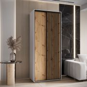 Armoire à portes coulissantes Mina 120 cm | Blanc/Chêne | Poignées en métal noir | Finition à lamelles moderne