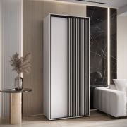 Armoire à portes coulissantes Mina blanche | Lames décor noir | Poignée acier noir | Gain de place | Grand volume | 235,2 x 120 x 60 cm