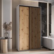 Armoire à portes coulissantes Mina blanc et chêne | 235,2 x 130 x 60 cm | Finition laminée | Poignées en métal noir | Anti-poussière