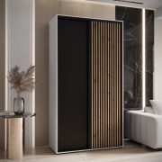 Armoire penderie Tharo blanc/chêne avec portes coulissantes | 235,2 x 140 x 45 cm | Grand espace de rangement | Poignées métal noir | Style moderne