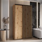 Armoire coulissante Mina 1,4 m chêne | Rangement optimisé | Brosses anti-poussière | Poignées métal noir | Façade robuste