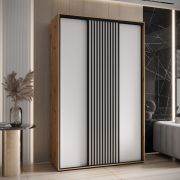 Armoire à portes coulissantes Mina | Blanc & Chêne | 235,2 x 150 x 60 cm | Poignées métal noir | Façade laminée