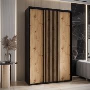 Armoire coulissante Mina 1,5 m | Noir & Chêne | Façade stratifiée | Poignées métal noires | Robuste