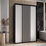 Armoire penderie Mina 150 cm | Portes coulissantes noir/blanc | Style moderne | Grand espace de rangement | Lamelles décoratives noires