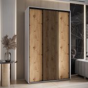 Armoire à portes coulissantes Mina | Blanc et chêne | Poignées en métal noir | 235,2 x 160 x 60 cm | Grand espace de rangement