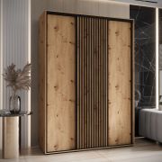 Armoire Mina chêne, grand espace de rangement | Lames noires | Poignée acier noir | 235,2 x 180 x 60 cm