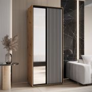 Armoire à portes coulissantes Mina avec miroir | Blanc & chêne | Façade laminée | Poignées noires | 235,2 x 100 x 60 cm