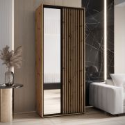 Armoire de toilette Mina couleur chêne avec portes coulissantes, anti-poussière, convient aussi pour le salon, poignée métallique noire, 235,2 x 110 x 60 cm