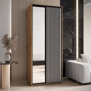 Armoire avec miroir Mina blanc/chêne | Portes coulissantes | Poignées en métal noir | 235,2 x 120 x 60 cm | Étagères intégrées