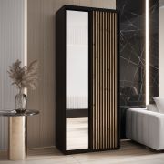 Armoire noire Mina avec porte miroir | Poignée en métal noir | Grand espace de rangement | Design gain de place | 235,2 x 120 x 60 cm