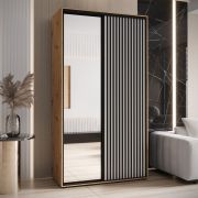 Armoire à portes coulissantes Mina avec miroir | Chêne/Blanc | 235,2 x 130 x 60 cm | Poignées en métal noir | Anti-poussière