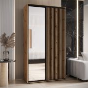 Armoire à portes coulissantes Mina couleur chêne avec miroir, poignées métalliques noires, convient également pour le salon, 235,2 x 130 x 60 cm beaucoup d'espace de rangement