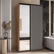Armoire Mina avec miroir | Blanc & chêne | Poignées en métal noir | Gain de place | Grand espace de rangement | 235,2 x 140 x 60 cm