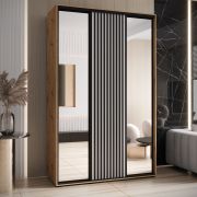Armoire miroir Mina 150 cm | Portes coulissantes blanc/chêne | Poignées en métal noir | Rangement gain de place