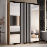 Armoire à portes coulissantes Mina avec miroirs | Blanc & chêne | Poignée noire | 235,2 x 190 x 60 cm | Anti-poussière