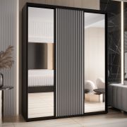 Armoire Mina noir et blanc avec portes miroir | Grand espace de rangement | Poignées métal noir | 235,2 x 190 x 60 cm