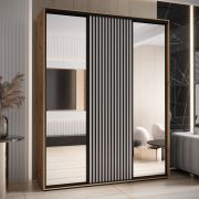 Armoire à portes coulissantes Mina | Blanc et chêne | Poignées en métal noir | Gain de place | 235,2 x 200 x 60 cm | Nombreux compartiments