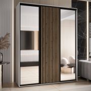 Armoire Mina avec miroirs blanc/chêne | Grand espace de rangement | Poignées en métal noir | 235,2 x 200 x 60 cm | Idéale pour le salon ou la chambre