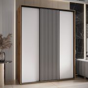 Armoire à portes coulissantes Mina blanc/chêne | Métal noir | Façade en panneau laminé 16 mm | Gain de place | 235,2 x 200 x 60 cm