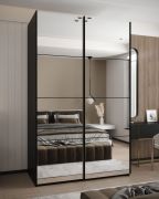 Penderie / Armoire à portes coulissantes / Soft-Close / 245,5 x 150 x 64 cm / Couleur : Noir / 2 tringles à vêtements / 6 compartiments / 2 portes coulissantes / Miroir