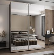 Penderie / Armoire à portes coulissantes / 11 compartiments / Soft-Close / 245,5 x 190 x 64 cm / 2 tringles à vêtements / 2 portes coulissantes / Couleur : Noir / Miroir