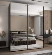 Penderie / Armoire à portes coulissantes / 11 compartiments / 245,5 x 200 x 64 cm / 2 portes coulissantes / 2 tringles à vêtements / Soft-Close / Couleur : Noir / Miroir