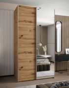 Penderie / Armoire à portes coulissantes / 2 tringles à vêtements / Miroir / 245,5 x 140 x 64 cm / Soft-Close / 2 portes coulissantes / 6 compartiments / Couleur : Chêne Artisan