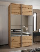 Penderie / Armoire à portes coulissantes / 245,5 x 130 x 64 cm / 2 portes coulissantes / Soft-Close / 6 compartiments / 2 tringles à vêtements / Couleur : Chêne Artisan / Miroir