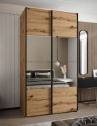 Penderie / Armoire à portes coulissantes / 245,5 x 140 x 64 cm / 2 portes coulissantes / Soft-Close / 6 compartiments / 2 tringles à vêtements / Miroir / Couleur : Chêne Artisan