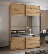 Penderie / Armoire à portes coulissantes / Couleur : Chêne Artisan / 2 tringles à vêtements / 11 compartiments / Miroir / Soft-Close / 2 portes coulissantes / 245,5 x 180 x 64 cm