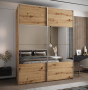 Penderie / Armoire à portes coulissantes / 11 compartiments / Miroir / Soft-Close / 2 portes coulissantes / 2 tringles à vêtements / 245,5 x 190 x 64 cm / Couleur : Chêne Artisan
