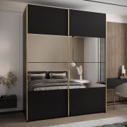 Penderie / Armoire à portes coulissantes / Couleur : Noir / 11 compartiments / 2 portes coulissantes / 245,5 x 190 x 64 cm / Miroir / Soft-Close / 2 tringles à vêtements