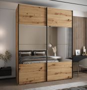Penderie / Armoire à portes coulissantes / 11 compartiments / 2 tringles à vêtements / Miroir / Soft-Close / 245,5 x 200 x 64 cm / Couleur : Chêne Artisan / 2 portes coulissantes