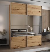 Penderie / Armoire à portes coulissantes / 2 tringles à vêtements / 245,5 x 200 x 64 cm / Miroir / Soft-Close / 11 compartiments / 2 portes coulissantes / Couleur : Chêne Artisan