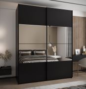 Penderie / Armoire à portes coulissantes / 2 portes coulissantes / 11 compartiments /245,5 x 200 x 64 cm / Miroir / Soft-Close / 2 tringles à vêtements / Couleur : Noir