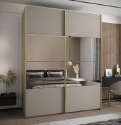 Penderie / Armoire à portes coulissantes / 245,5 x 200 x 64 cm / 2 portes coulissantes / 2 tringles à vêtements / 11 compartiments / Miroir / Soft-Close / Couleur : Cachemire