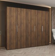 Armoire à portes battantes de 2,5 mètres de large / Couleur : Noyer / 5 portes / Système de fermeture Soft-Close / 3 compartiments / Poignées : Argent / 3 tringles à vêtements / Penderie