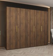 Penderie / Armoire à portes battantes / Couleur : Noyer / Poignées : Dorées / 3 compartiments / 2,5 mètres de large / 3 tringles à vêtements / Système de fermeture Soft-Close / 5 portes