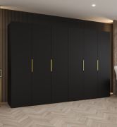 Armoire penderie portes battantes soft-close | 3 m de large | 4 compartiments | Noir & Or | Korab 52
